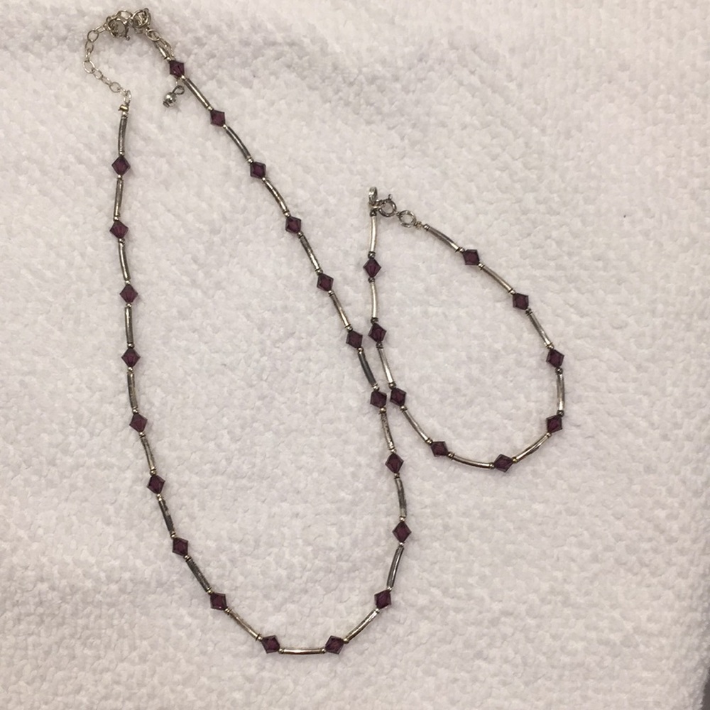 Silver Necklace and Bracelet with purple stones